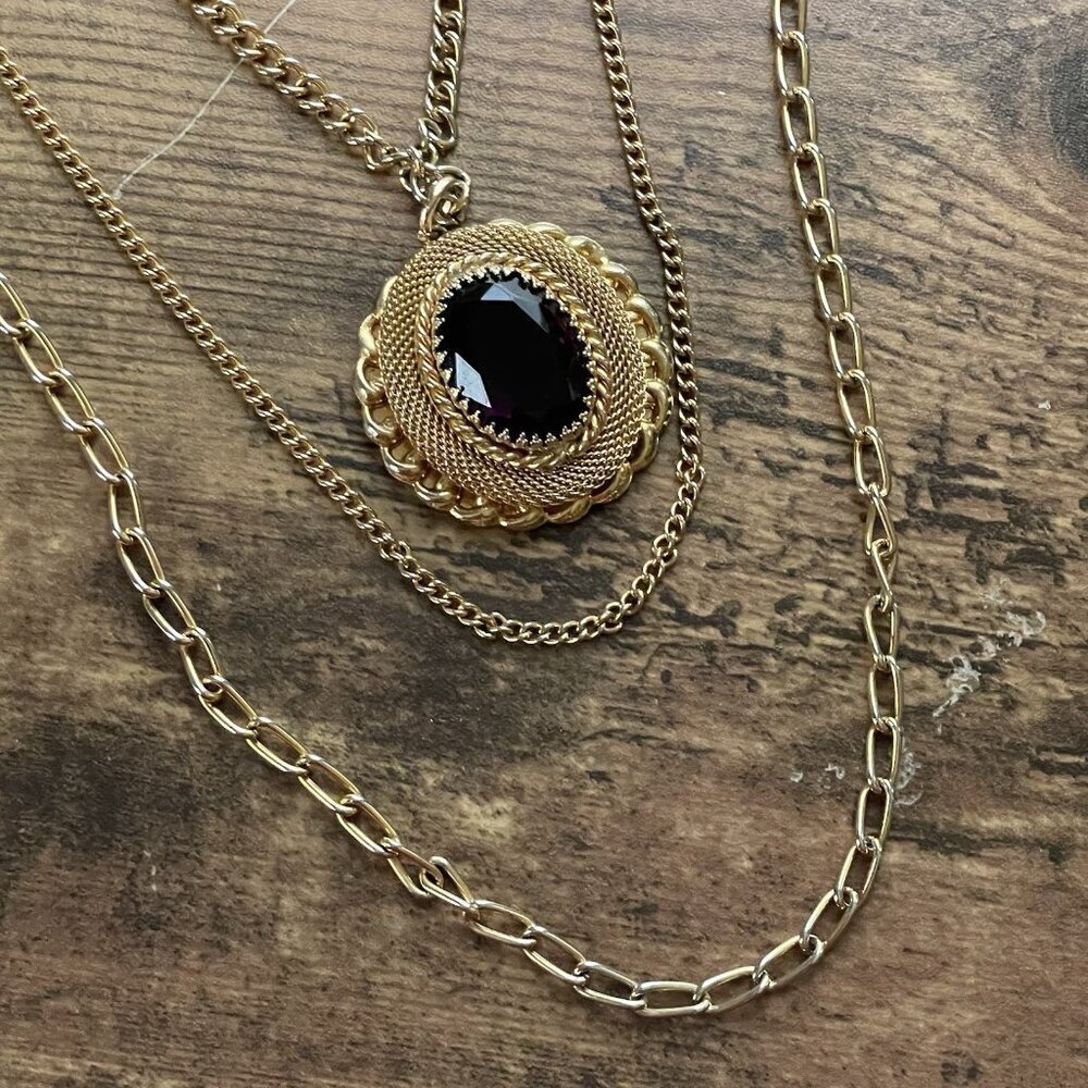 Vintage 70s Victorian Revival Necklace 24" Triple Strand Gold Tone Purple Glass - Picture 5 of 12